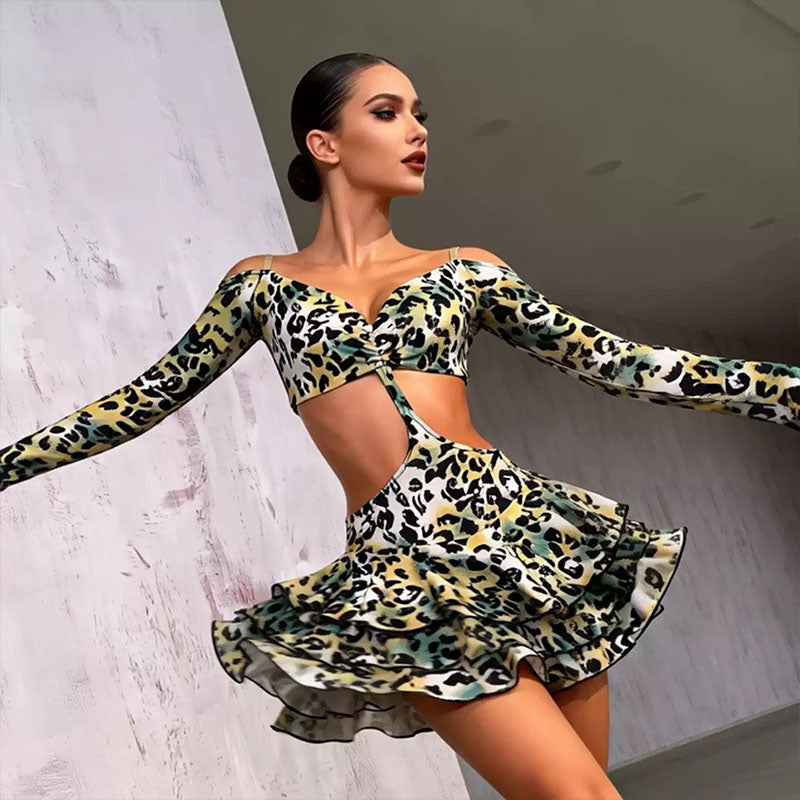 YJFY Women's color-block Leopard Latin Dance Dress Dance Wear Training Performance Dress