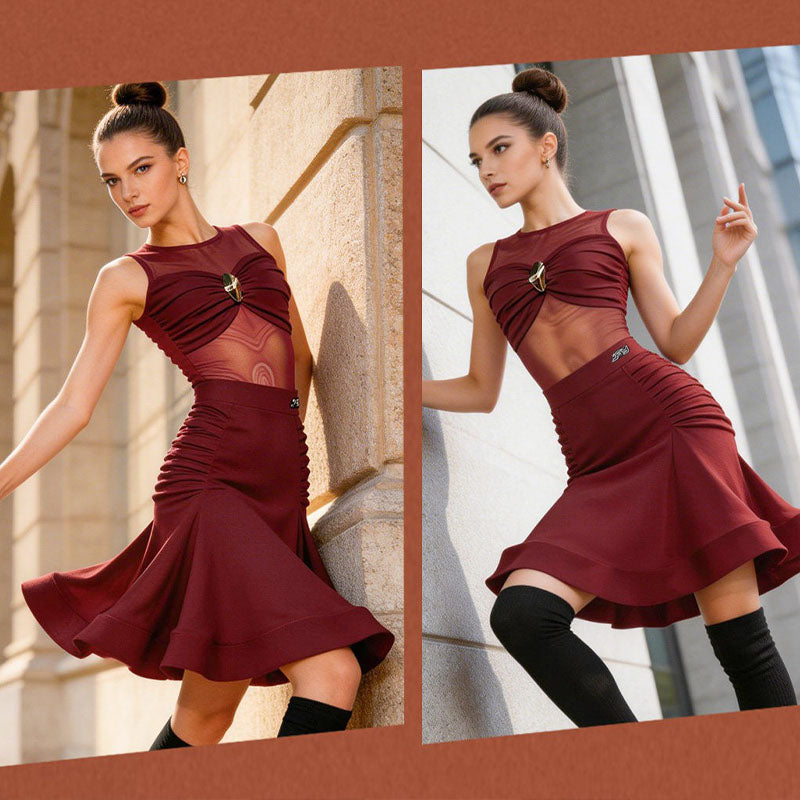 YJFY Women's Dark Red Latin Dance Sets Dance Wear Training Performance Dress Sets(Without Golves)