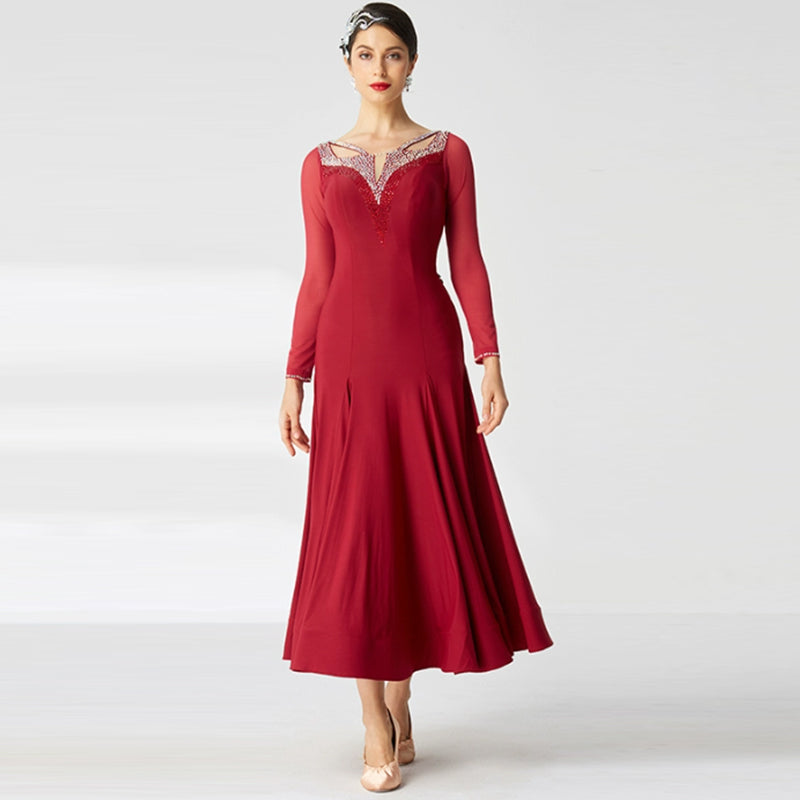 YUN Customisable-Women's Long sleeve Diamonds Dance Costume Dress For Ballroom Dancing standard/Smooth Dress