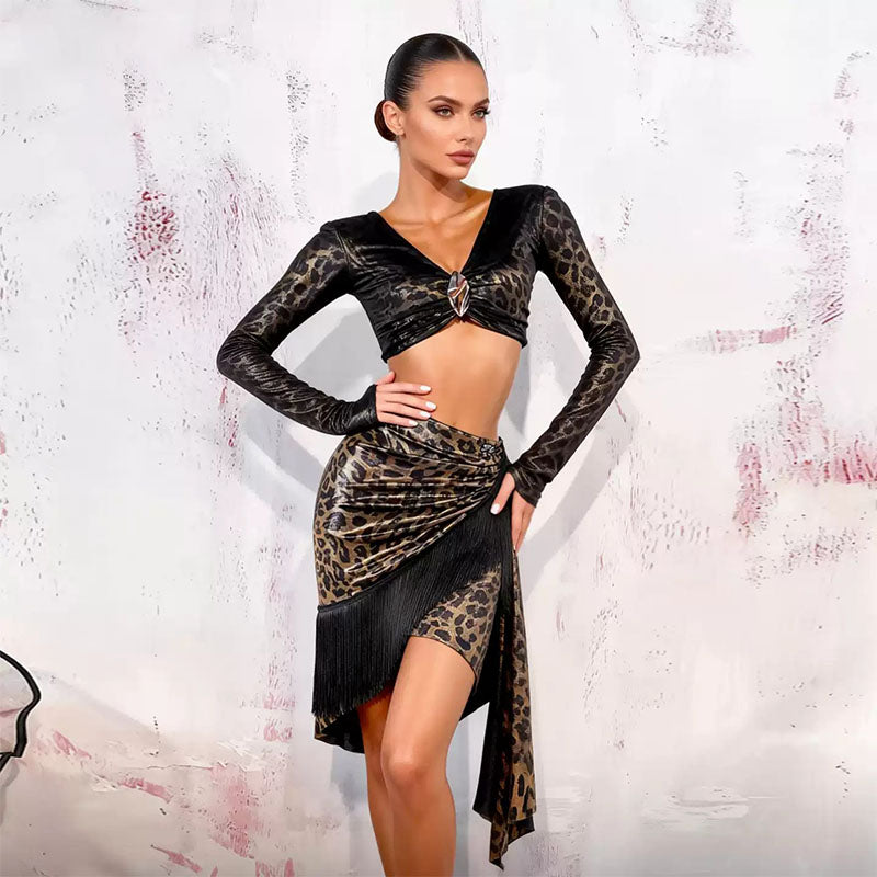 YJFY Women's Leopard Tassel Latin Dance Skirt Dance Wear Training Performance Skirts