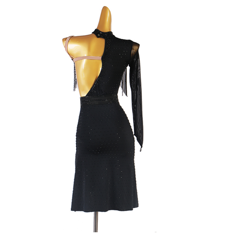 Customisable-Women's Black Sequin Tassel One-Shoulder Rumba Latin Dance Dresses Performance Dresses