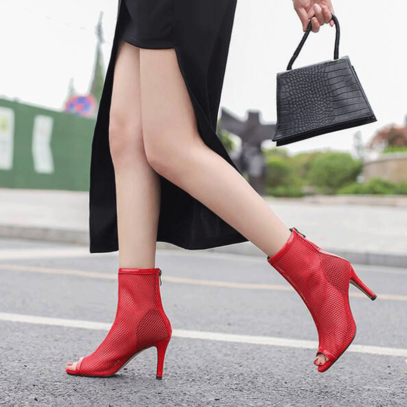 AJ Women's 9cm Heel Rubber Sole Leatherette Jazz Shoes Open Toe Dance Heels Boots