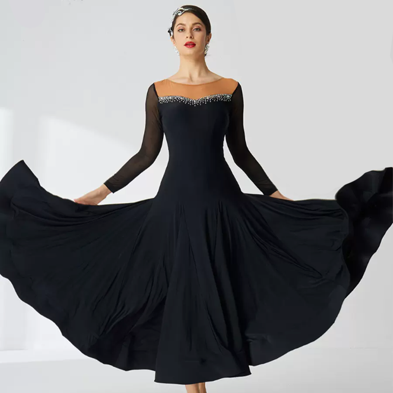 YUN Customisable-Women's Long Sleeve Round Neck Diamonds Waltz Modern Ballroom Dance Dress