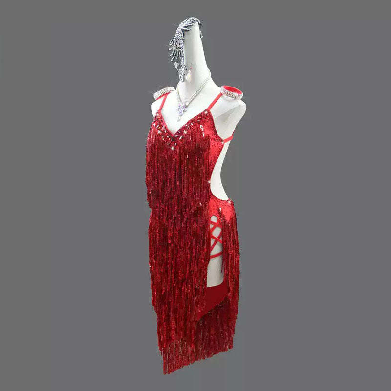 Customisable-Women's Red Tassel Latin Dance Dress Professional Dance Stage Performance Wear