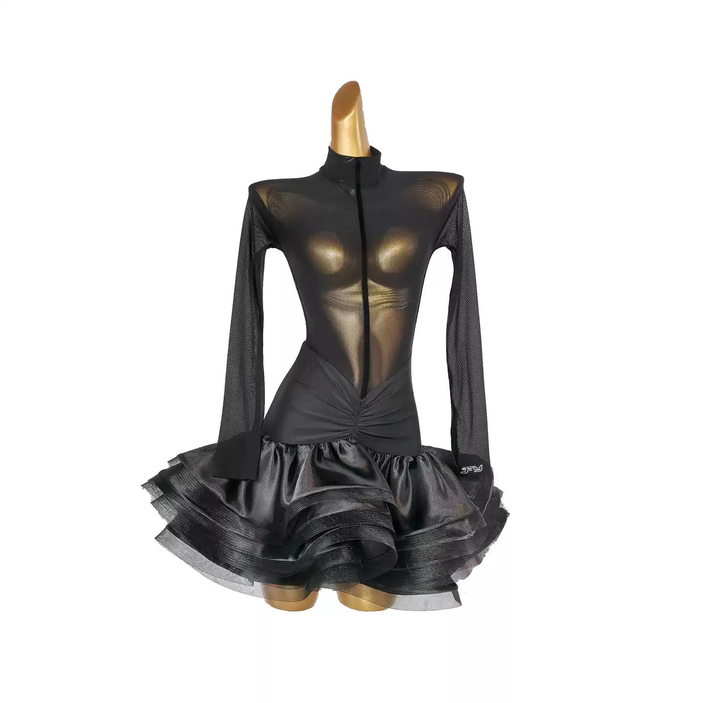 YJFY Women's Black Mesh Latin Dance Dress Dance Wear Training Performance Dress (With Bra And Headband)