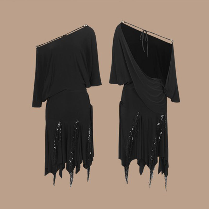 Z Women's Black Tassel Sequins Latin Dance Dress Dance Wear Training Performance Dress