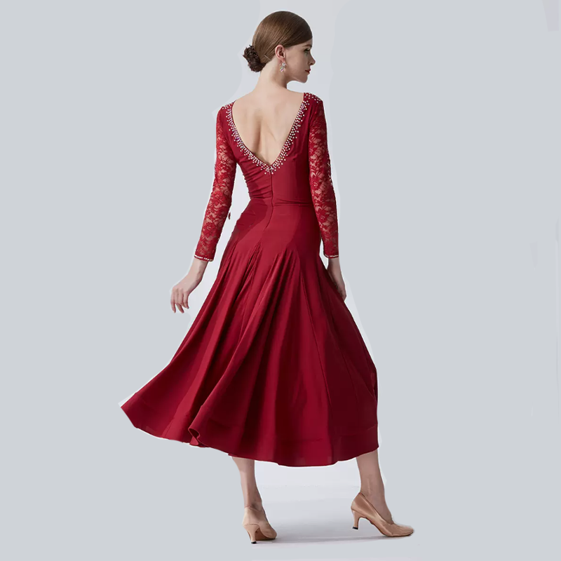 YUN Customisable-Women's Long Sleeve V-neck Backless Diamonds Waltz Modern Ballroom Dance Dress Competition Dresses