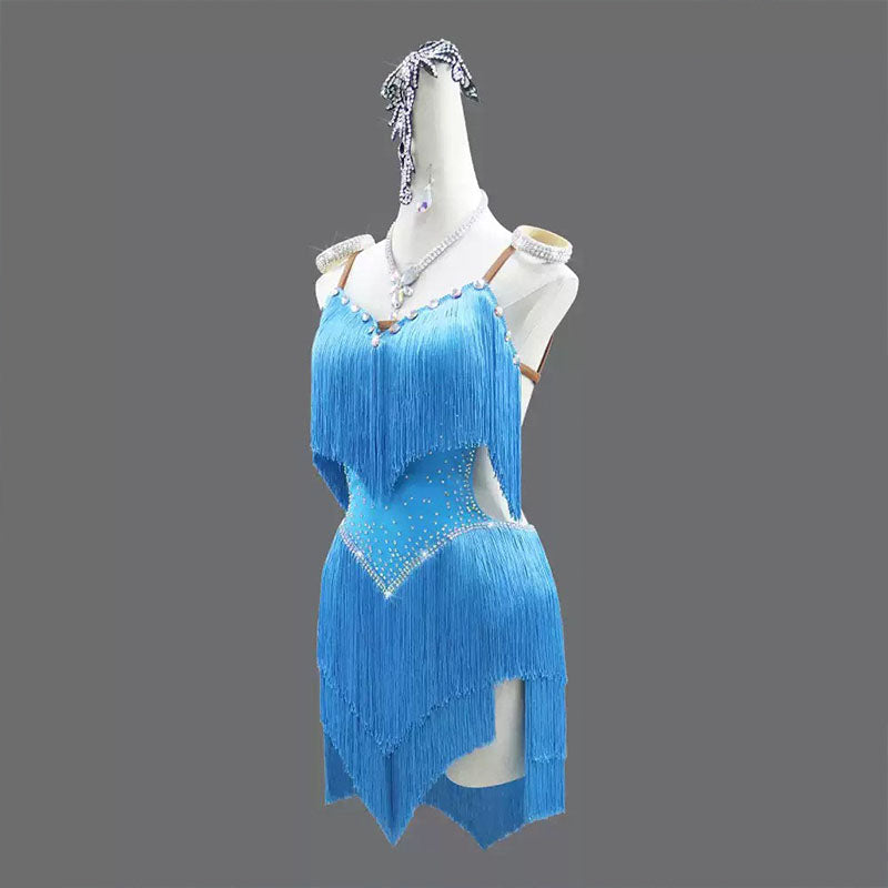 Customisable-Women's Light Blue Tassel Latin Dance Dress Professional Dance Stage Performance Wear
