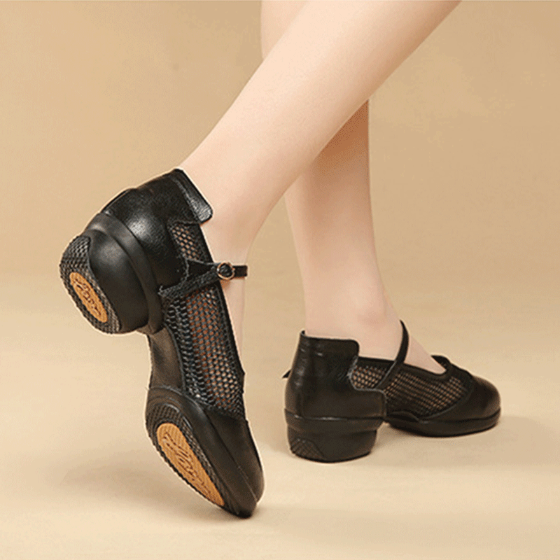 Women's Leather Mesh Lace-up 4cm Heel Dance Sneakers Practice Dance Shoes Jazz Dance