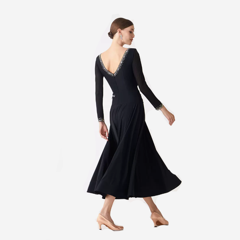 YUN Customisable-Women's Long Sleeve V-neck Diamonds Waltz Modern Ballroom Dance Dress