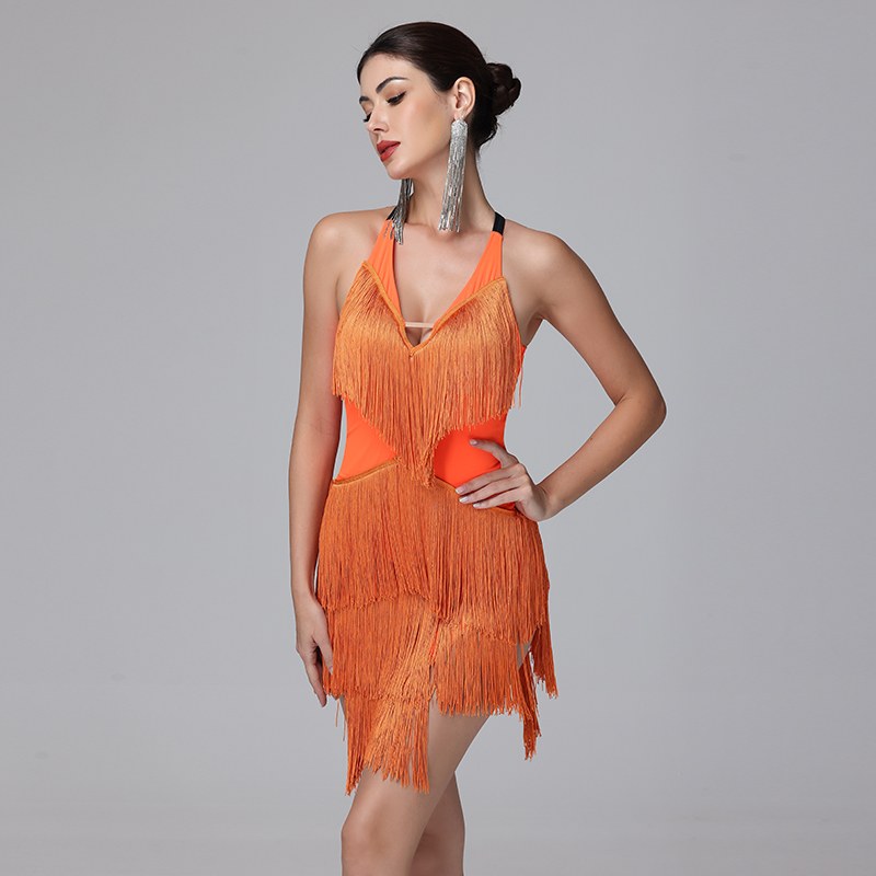Customisable-Women's Performance Sleeveless Tassels Latin Salsa Dance Dress Competition Dress