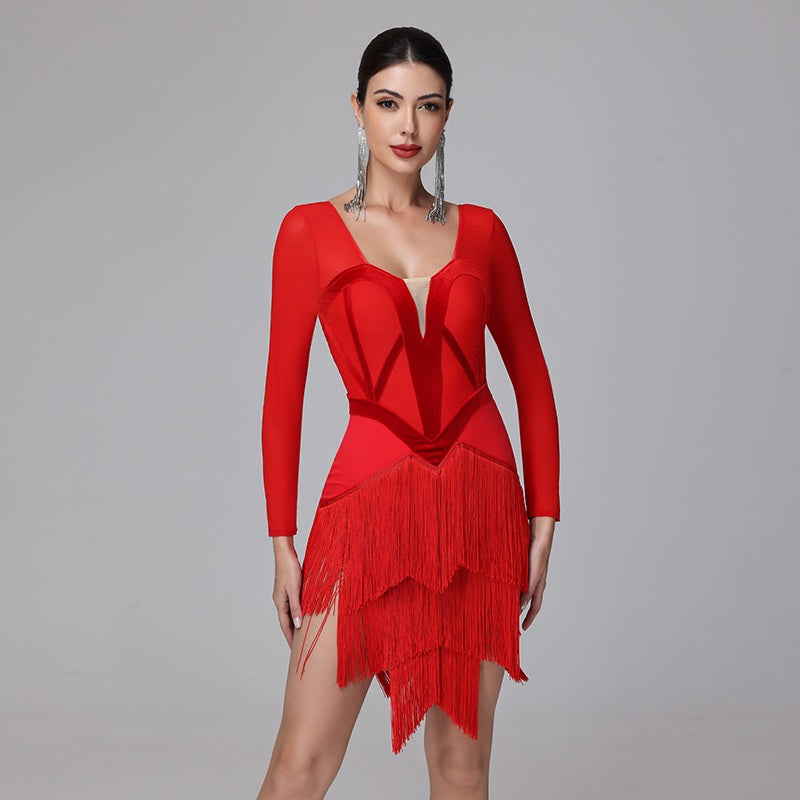 YZY Customisable-Women's Long Sleeve Tassel DanceWear Dance Dress Performance Wear