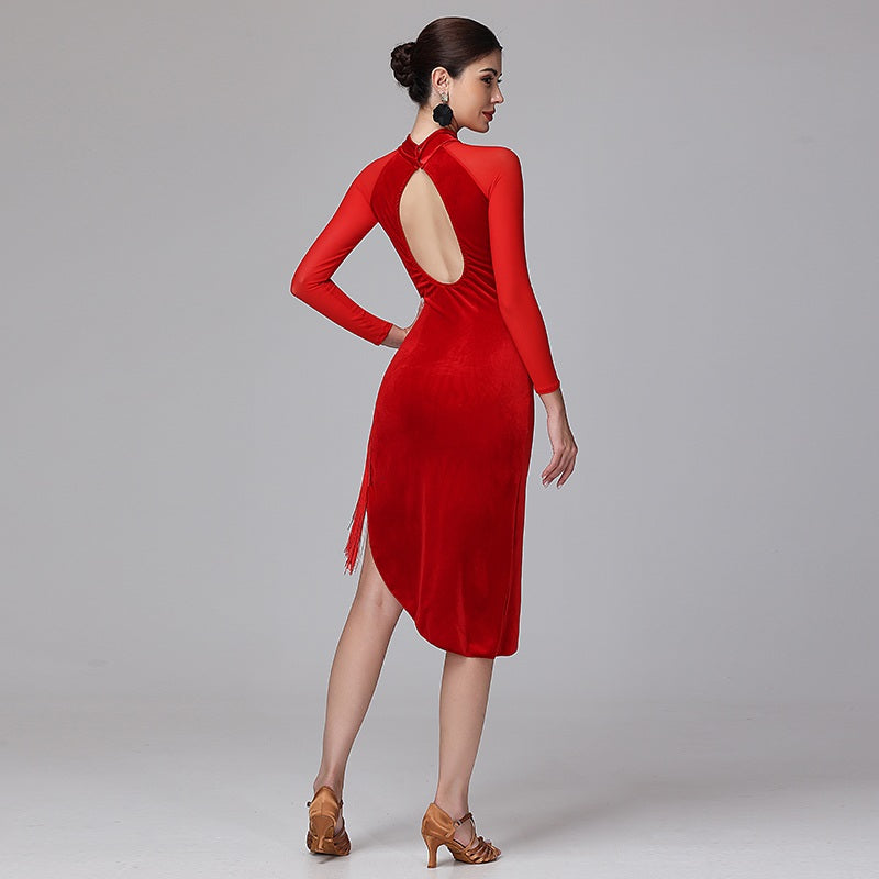 YZY Customisable-Women's Long Sleeve Red Tassel DanceWear Dance Dress Performance Wear