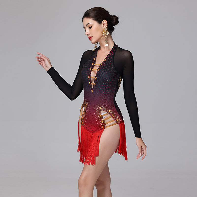 YZY Customisable-Women's Black Long Sleeve Tassel DanceWear Dance Dress Performance Wear