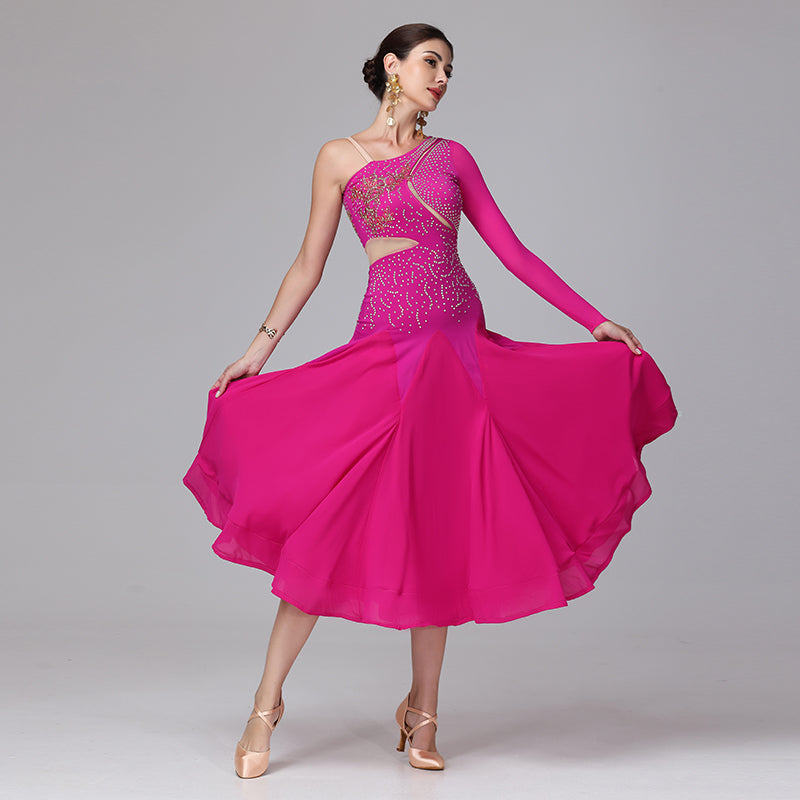 Customisable-Women's Off Shoulder Long Sleeve DanceWear Ballroom Dance Dress