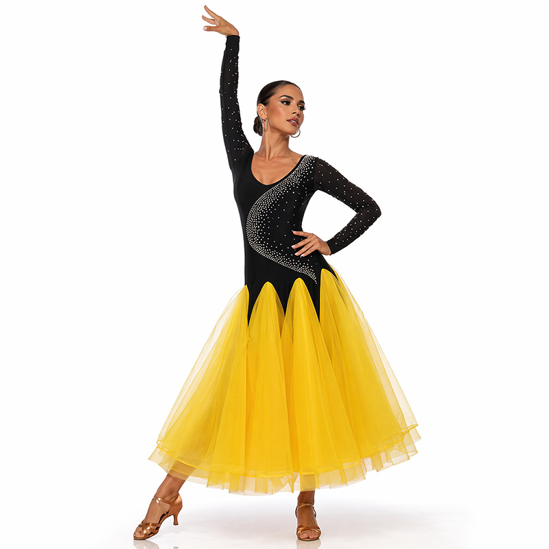 Customisable-Women's Long Sleeve Diamond Waltz Ballroom Dance Competition Modern Dance Large Swing Dress
