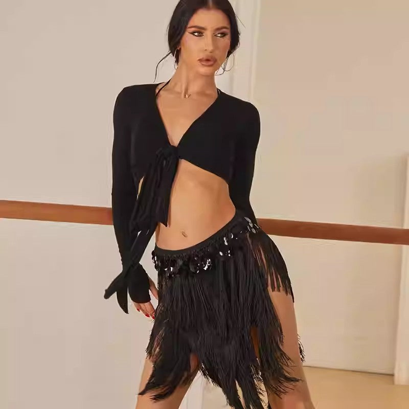 Z Women's Black Tassel Latin Dance Skirt Dance Wear Training Performance Skirt