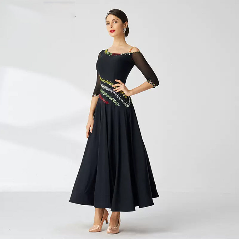 YUN Customisable-Women's Half sleeve Diamonds Dance Costume Dress For Ballroom Dancing standard/Smooth Dress