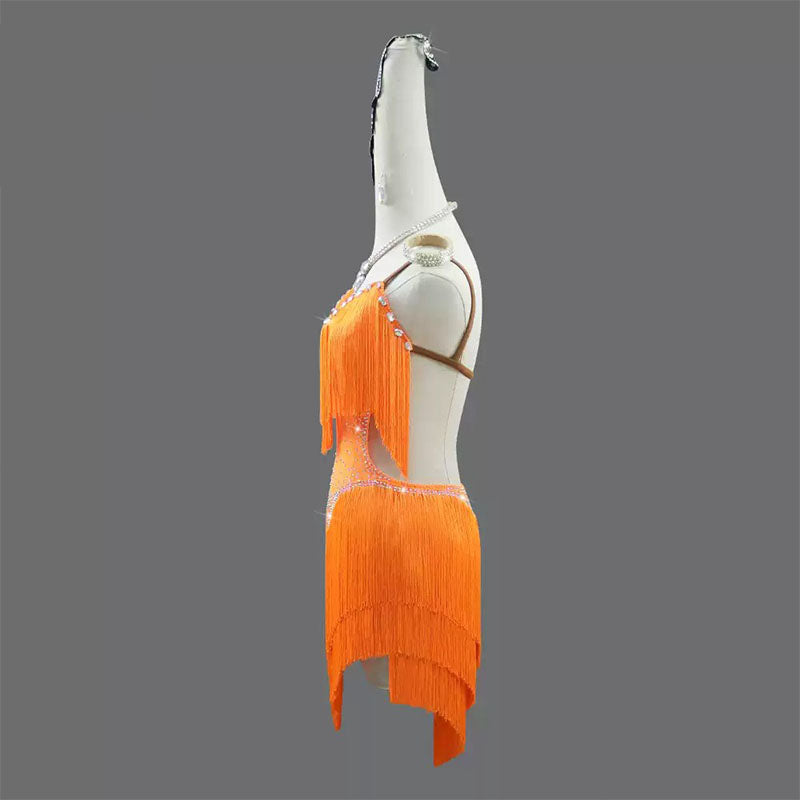 Customisable-Women's Orange Tassel Latin Dance Dress Professional Dance Stage Performance Wear