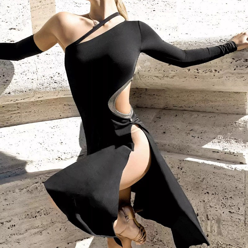YES Women's Black Slant Shoulder Backless Latin Dance Dress Dance Wear