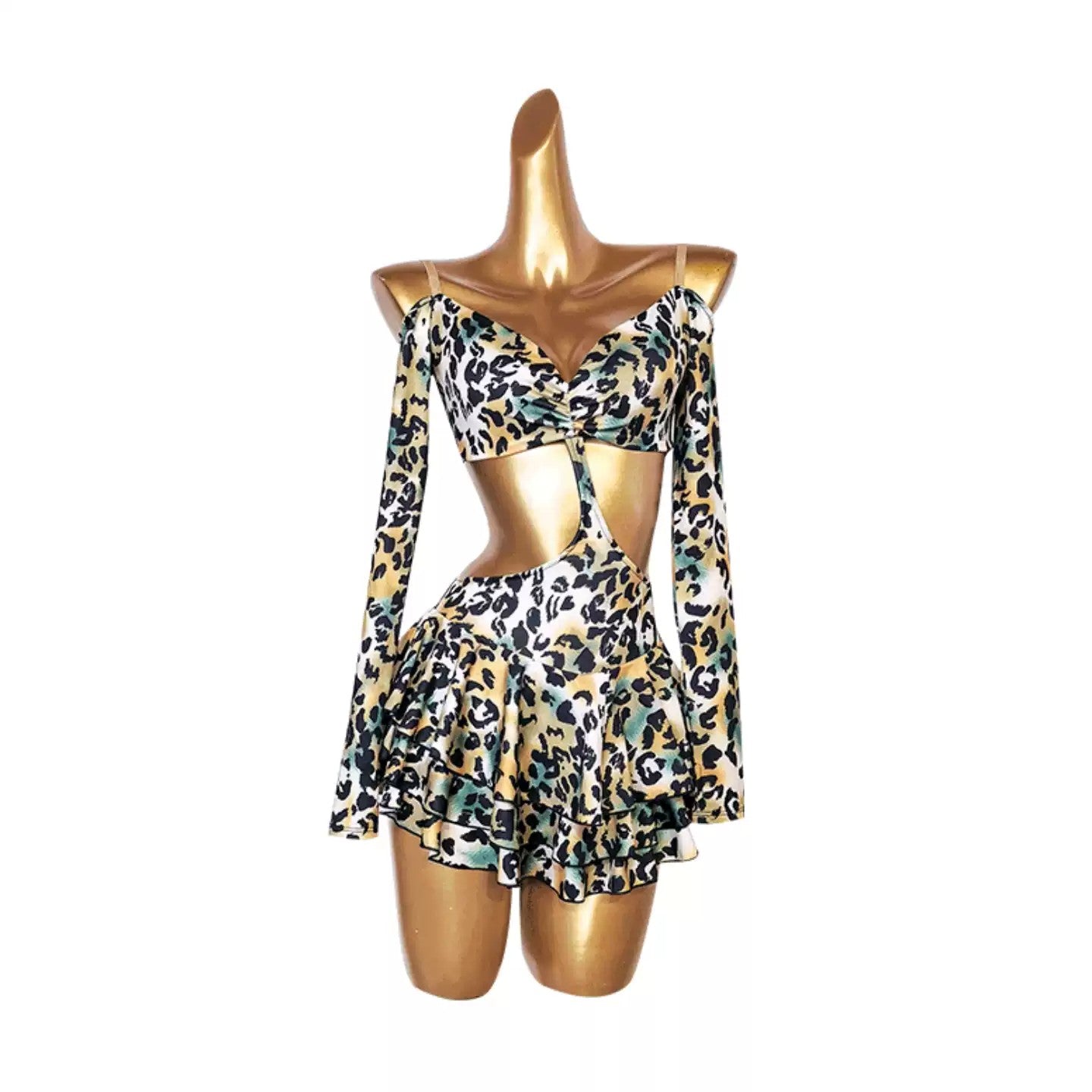 YJFY Women's color-block Leopard Latin Dance Dress Dance Wear Training Performance Dress