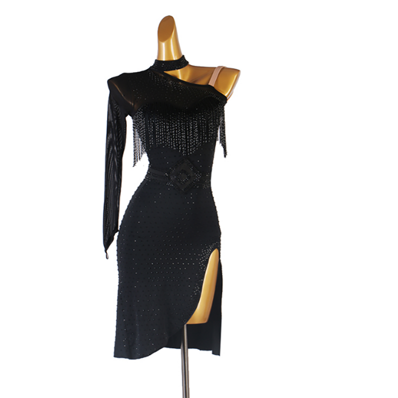 Customisable-Women's Black Sequin Tassel One-Shoulder Rumba Latin Dance Dresses Performance Dresses