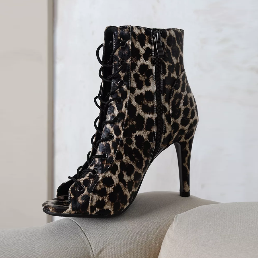 AJ Women's Leopard 10cm Heel Rubber Sole Leatherette Jazz Shoes Open Toe Dance Heels Boots