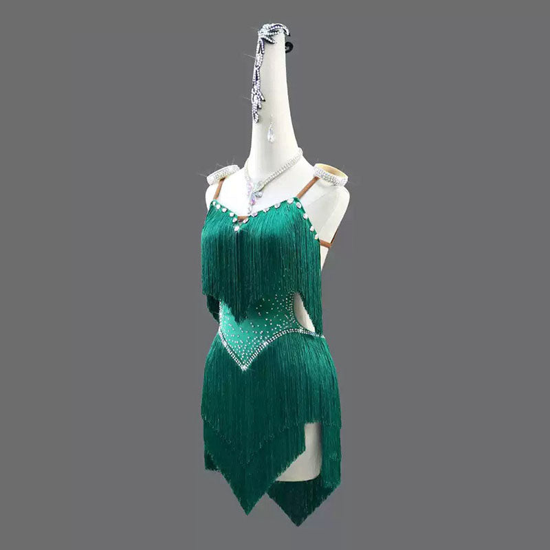 Customisable-Women's Green Tassel Latin Dance Dress Professional Dance Stage Performance Wear