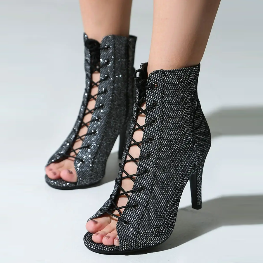 Women's Black 7.5cm/10cm  Slim Heel Rubber Sole Leatherette Jazz Shoes Open Toe Dance Heels Boots