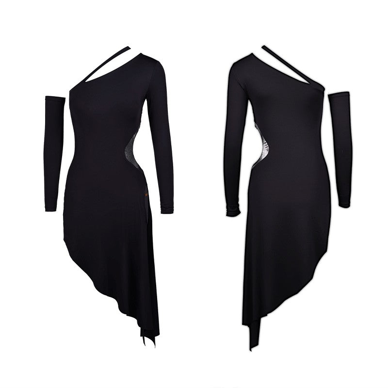 YES Women's Black Slant Shoulder Backless Latin Dance Dress Dance Wear