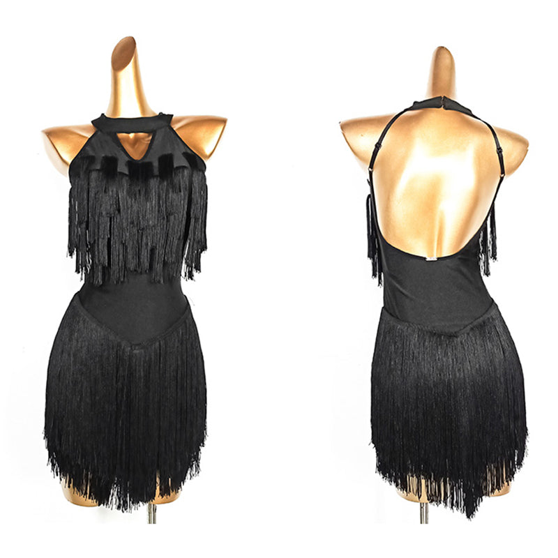 YJFY Women's Stretch polyester Tassels Latin Dance Dress Dance Wear Training Performance Dress（Without Gloves）