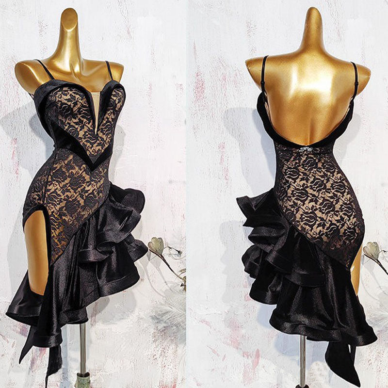 YJFY Women's Black Lace Latin Dance Dress Dance Wear Training Performance Dress (With Gloves)