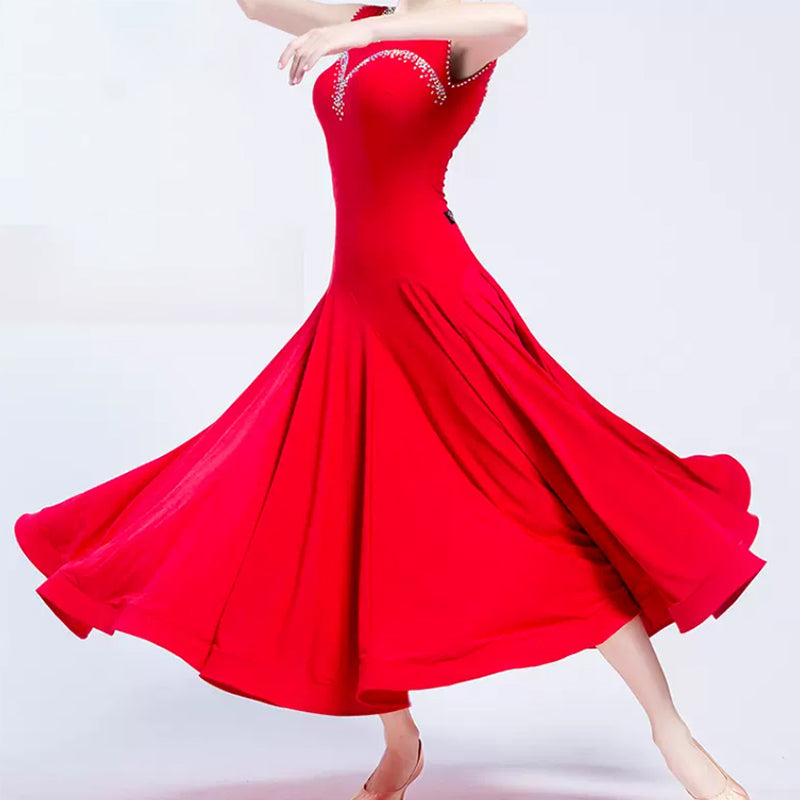YUN Customisable-Women's Red Sleeveless Diamonds Dress For Ballroom Dancing standard/Smooth Dress