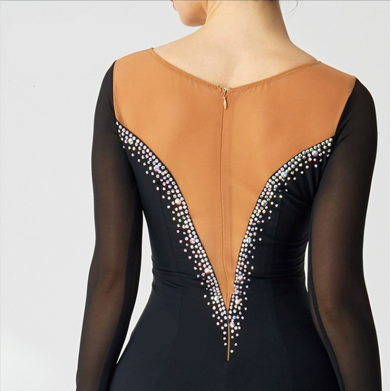 YUN Customisable-Women's Long Sleeve Round Neck Diamonds Waltz Modern Ballroom Dance Dress