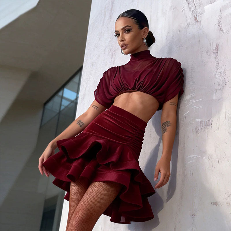 YJFY Women's Dark Red Latin Dance Sets Dance Wear Training Performance Dress Sets