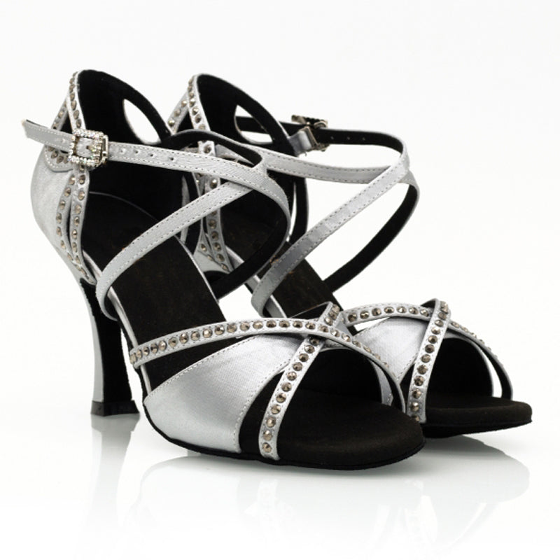Women's Blue Customized Heel Open Toe Strappy Dance Shoes with Crystals