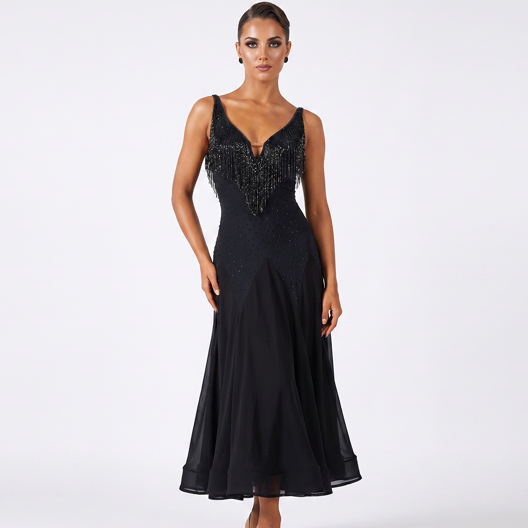 Customisable-Women's Black V-Neck DanceWear Ballroom Dance Dress