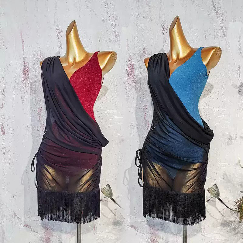 YJFY Women's Black Mesh Tassel Latin Dance DressDance Wear Training Performance Dress