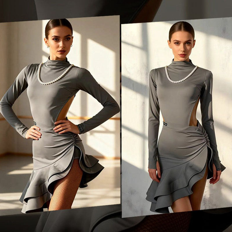 YJFY Women's Grey Backless Latin Dance Sets Dance Wear Training Performance Dress Sets(Without Necklace)
