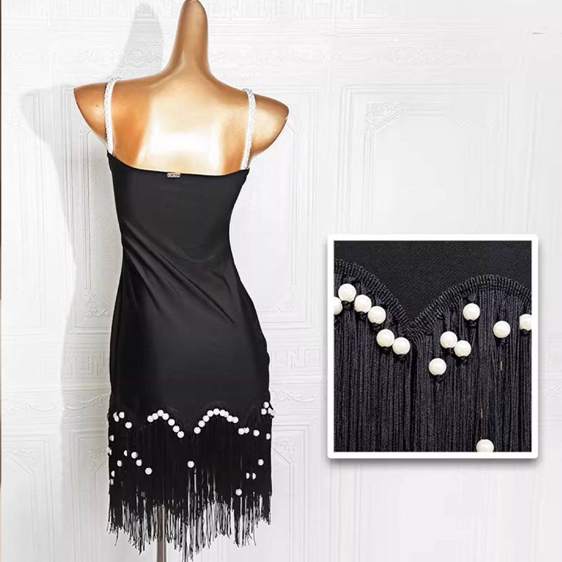 YJFY Women's Black Spaghetti Strap Tassel Latin Dance Dress Dance Wear Training Performance Dress(With Black Flower)