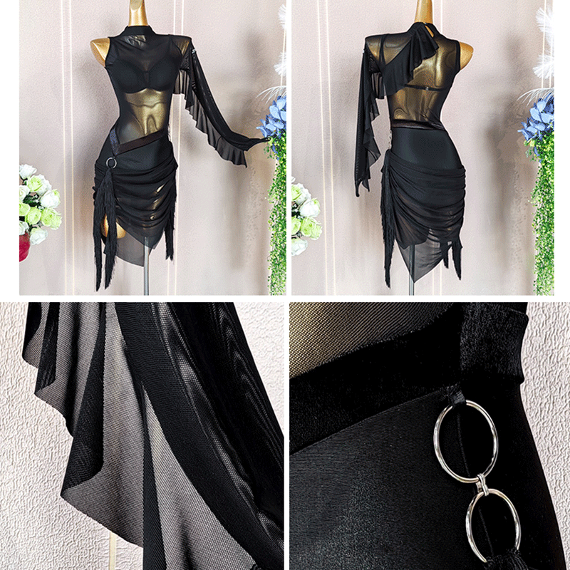 YJFY Women's Black Tassel Latin Dance Dress Dance Wear Training Performance Dress