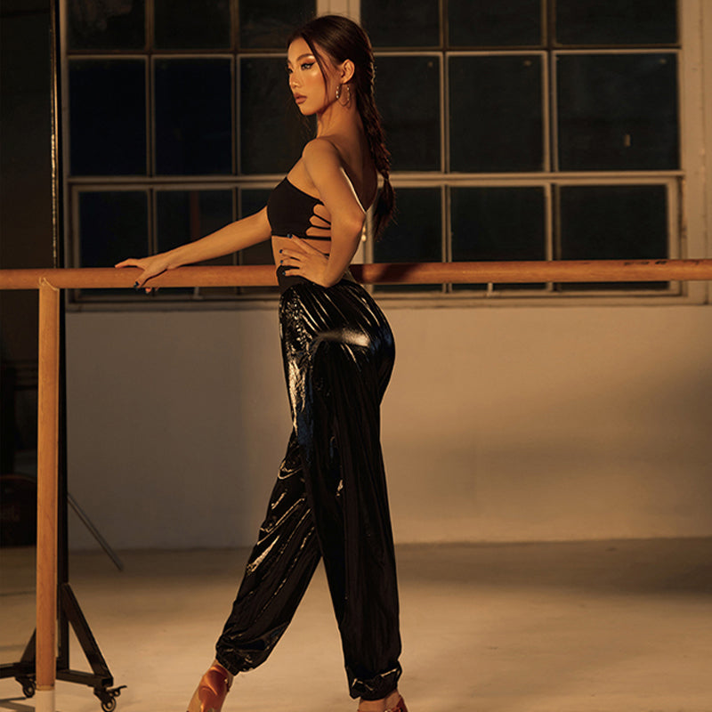 Z Women's Black Glossy High Waist Pants Latin Dance Wear Training Performance Pants