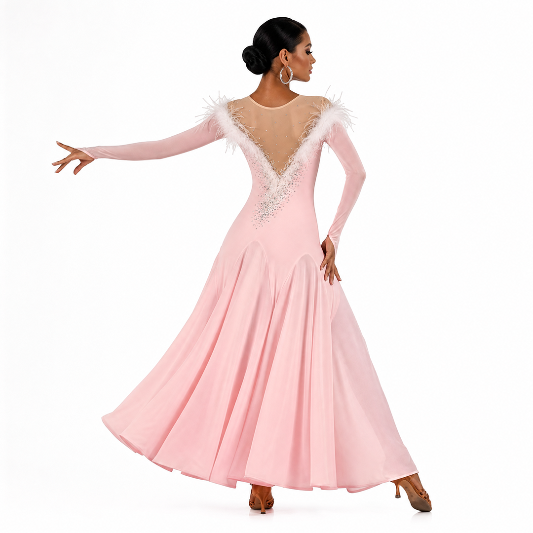 Customisable-Women's Pink Round Neck Long Sleeve DanceWear Ballroom Dance Dress
