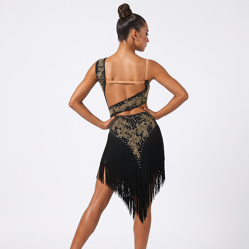 Customisable-Women's Performance Sleeveless Black Tassels Latin Salsa Dance Dress Competition Dress