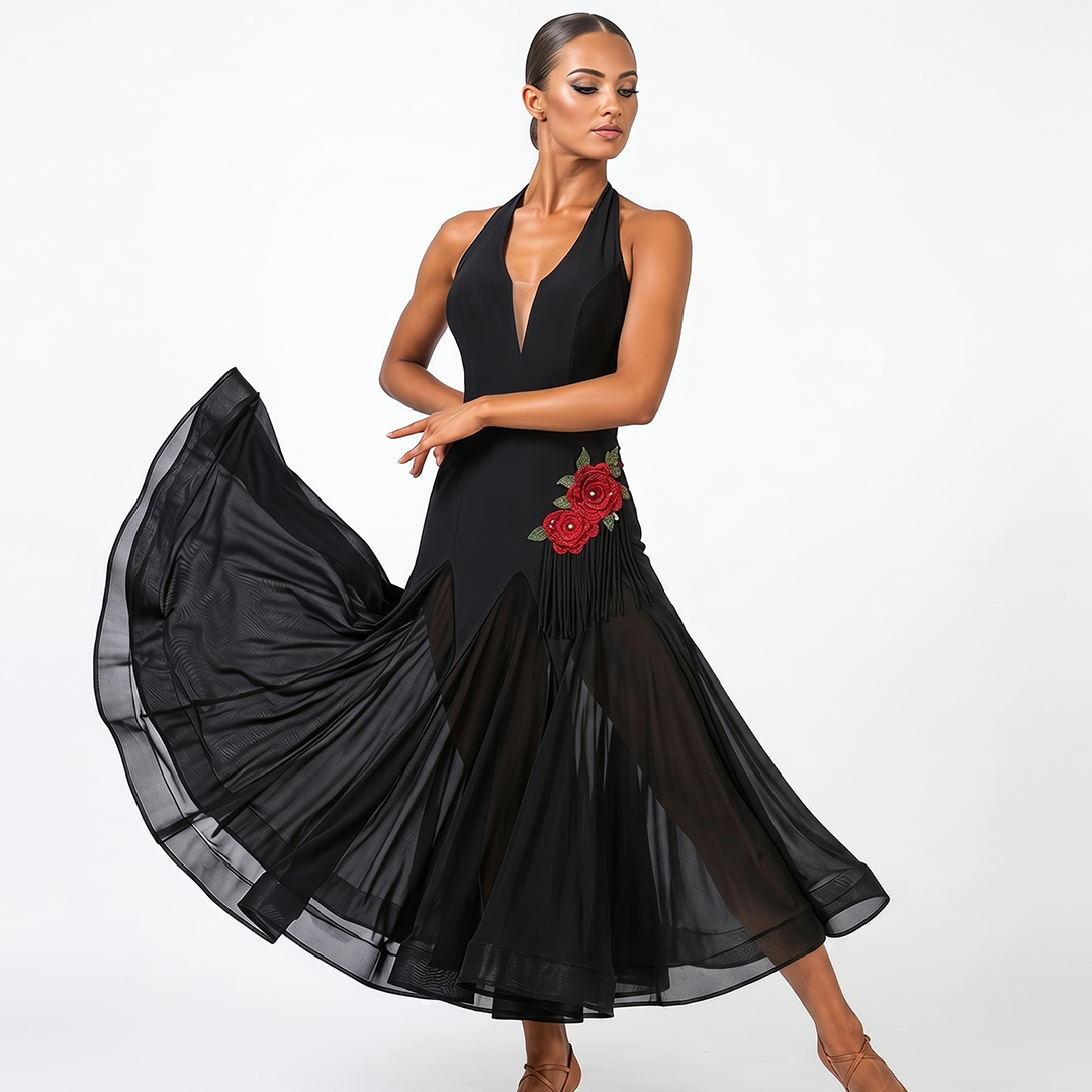 Customisable-Women's Black V-Neck DanceWear Ballroom Dance Dress