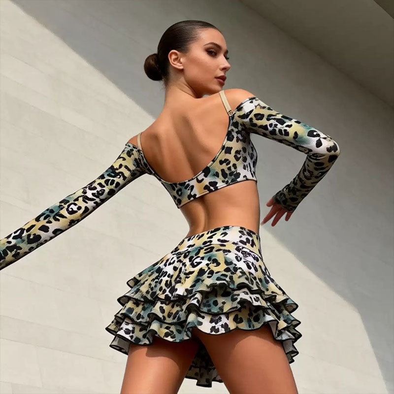 YJFY Women's color-block Leopard Latin Dance Dress Dance Wear Training Performance Dress