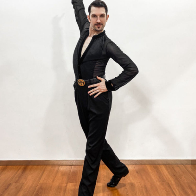 YJFY Men's Long Sleeve V Neck Latin Dance Tops Dance Wear