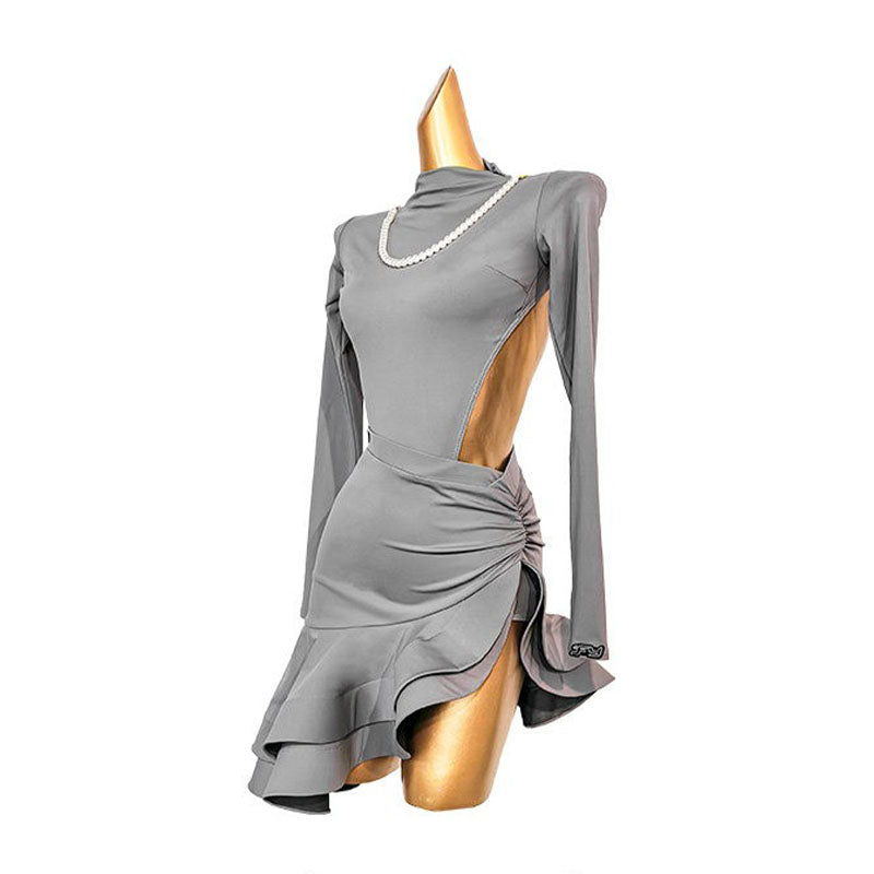 YJFY Women's Grey Backless Latin Dance Sets Dance Wear Training Performance Dress Sets(Without Necklace)