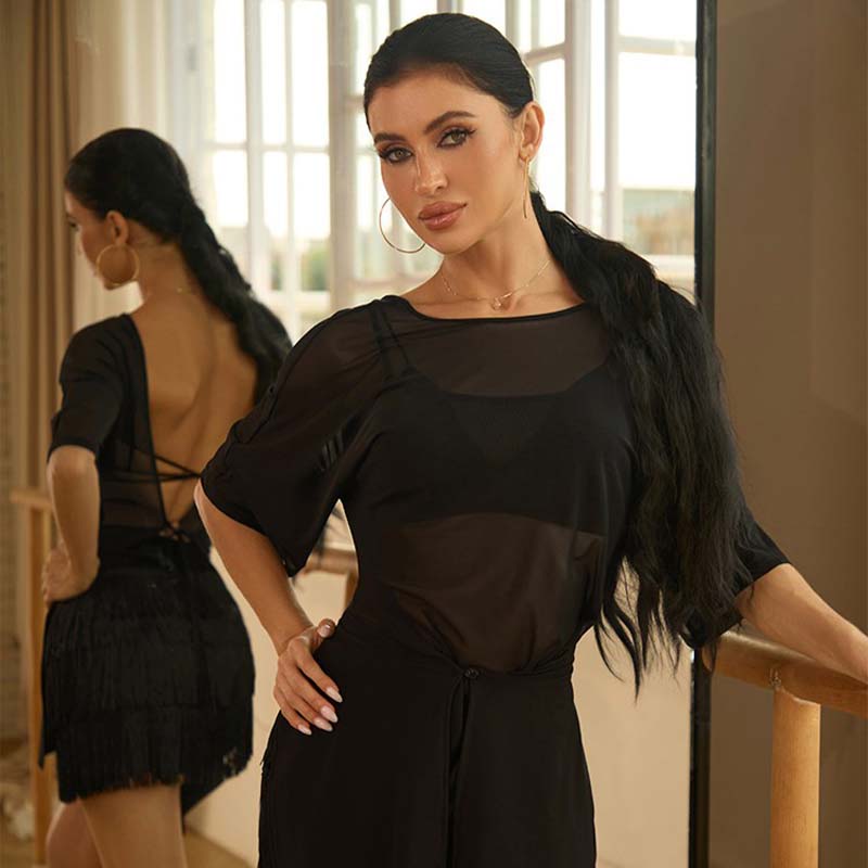 Z Women's Black Mesh Backless Latin Dance Tops Dance Dress Dance Wear Training Performance Wear