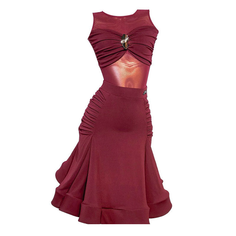 YJFY Women's Dark Red Latin Dance Sets Dance Wear Training Performance Dress Sets(Without Golves)